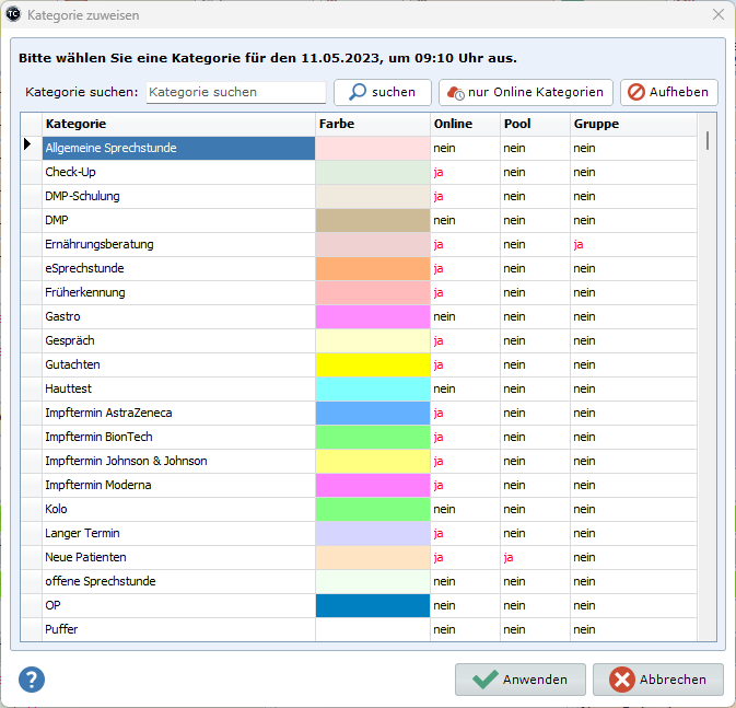 Übersichtstabelle aller vorhandenen Kategorien